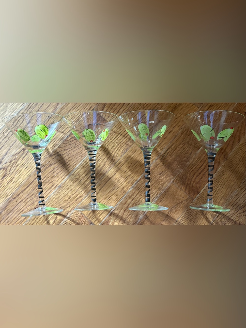 Martini Glasses with HandPainted Cocktail Olives Set of 4